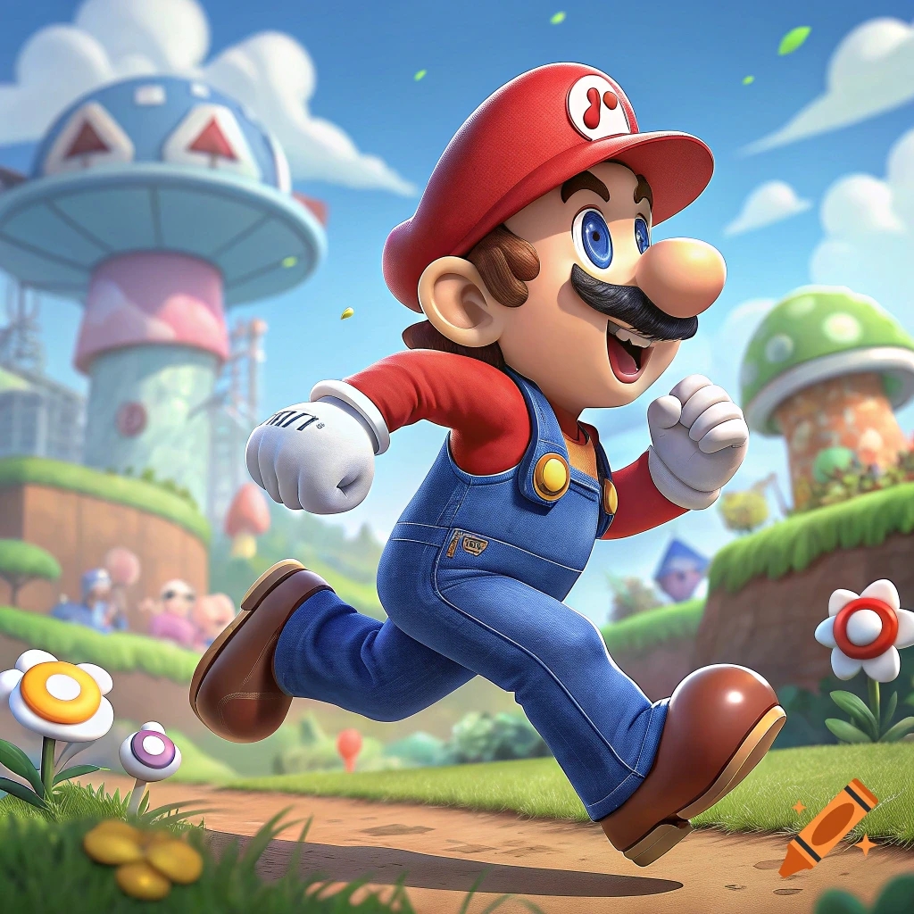 Mario runs through a bright cartoon landscape with flowers and mushrooms.
