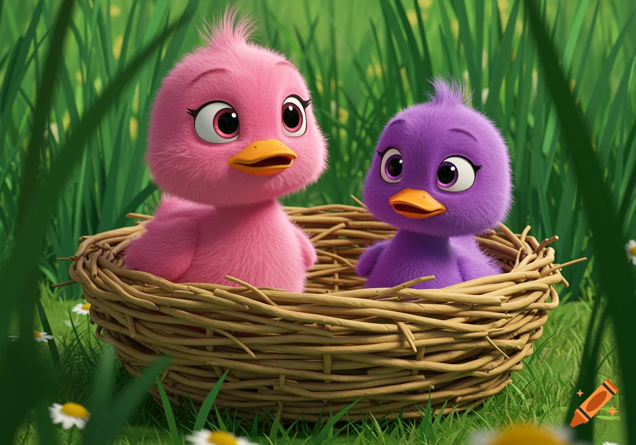 Two animated baby birds, pink and purple, sit in a nest.