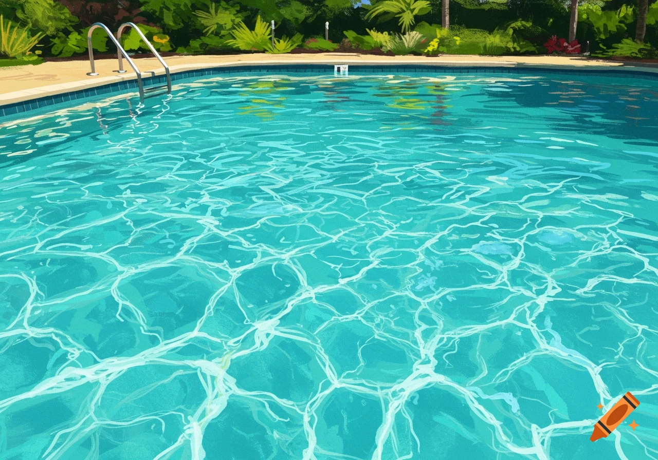 A painterly view of a swimming pool with sunlit water reflections and surrounding greenery.