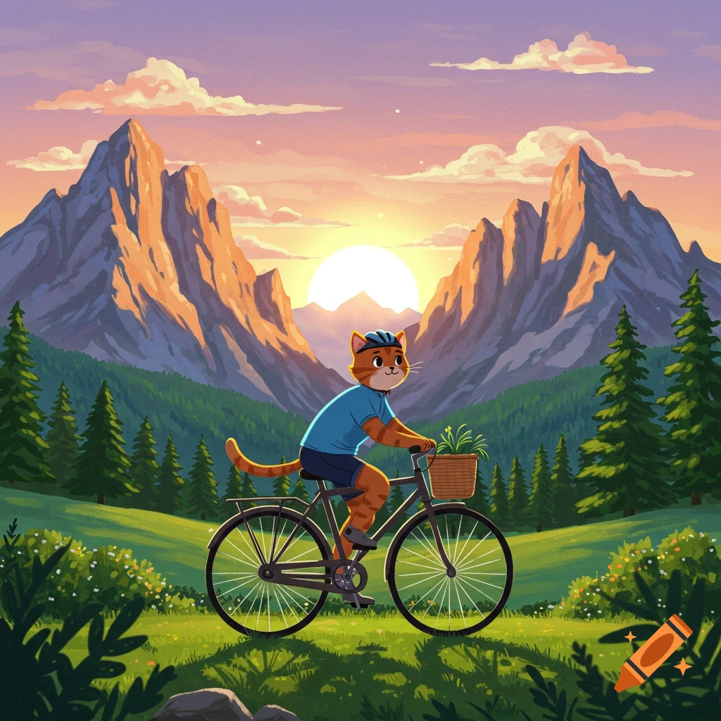 Illustrated cat riding a bicycle through mountains at sunset