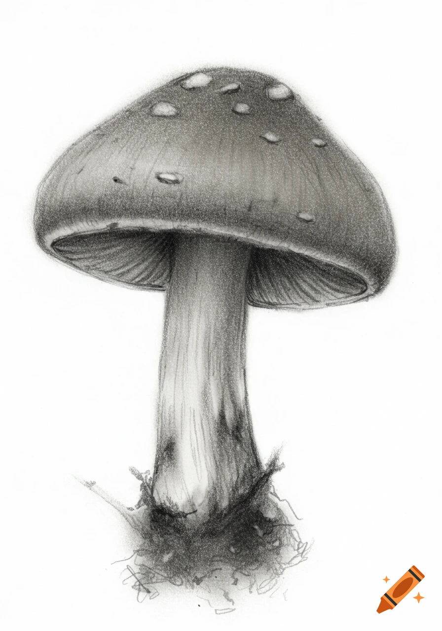 Pencil drawing of a single mushroom on white paper.