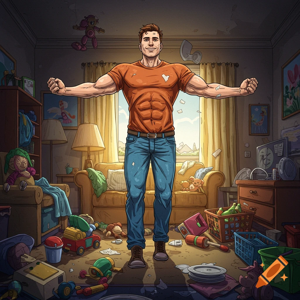 Cartoon man in a hero pose standing in a messy room filled with toys.