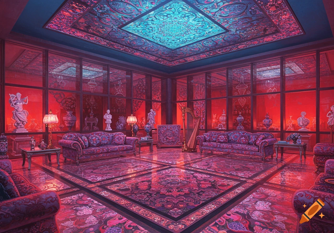 Ornate room with intricate red and purple patterns, sofas, statues, harp, lit by red and blue light.