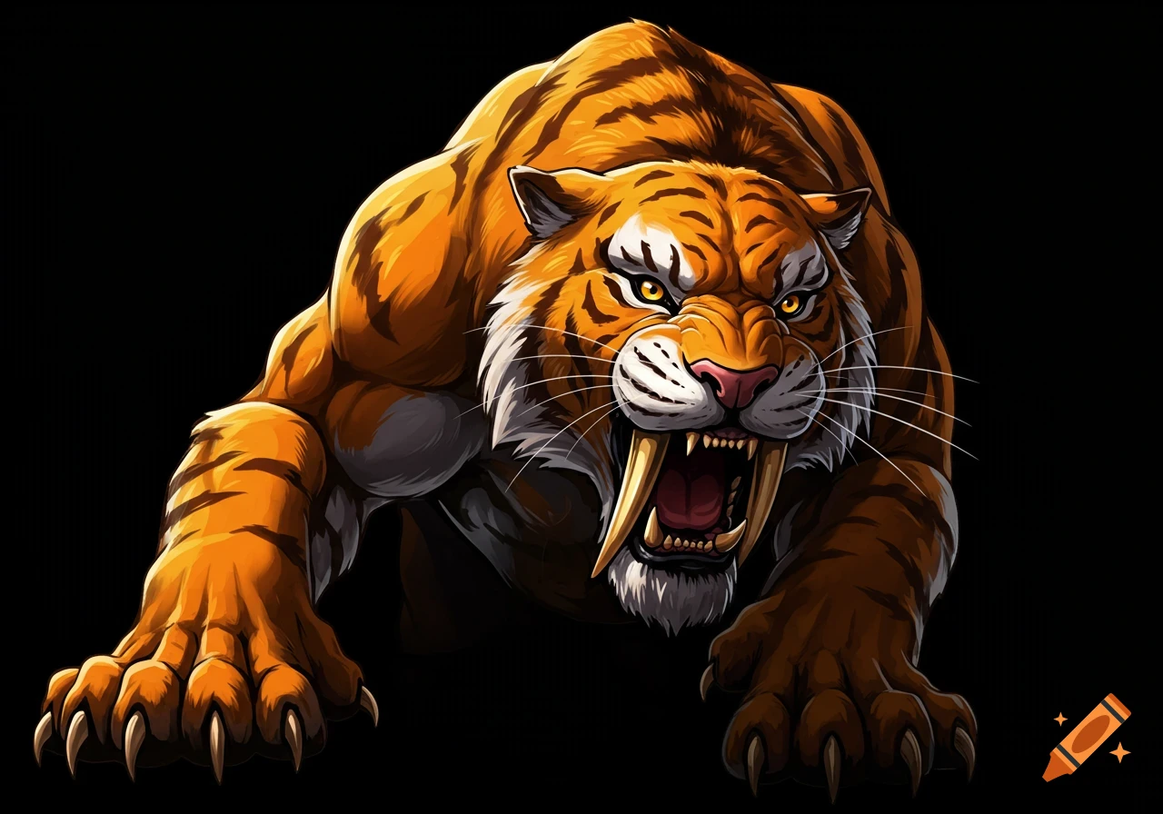 Illustration of an aggressive saber-toothed tiger roaring mid-pounce.