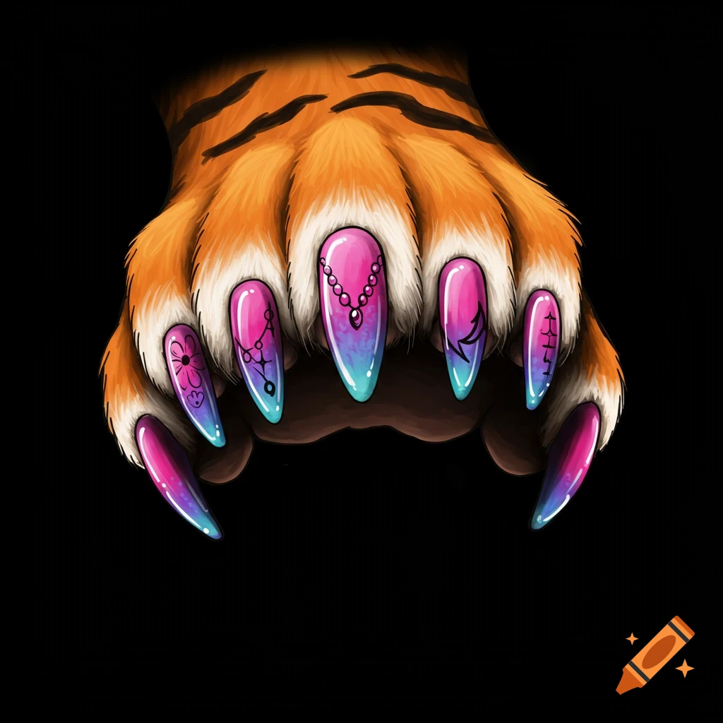 Close-up illustration of a tiger paw with colorful gradient painted claws and patterns.