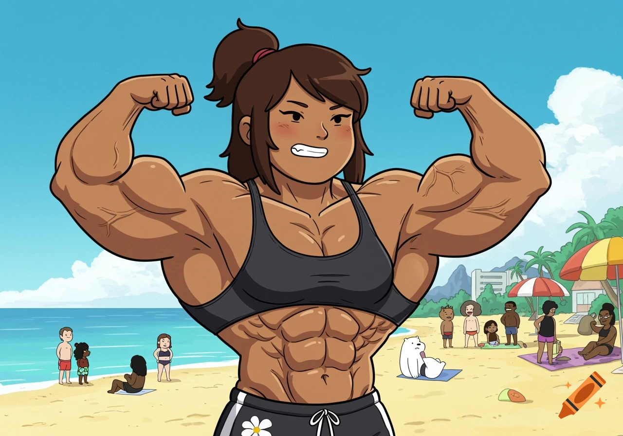 Cartoon character flexing muscles on a beach with other people.