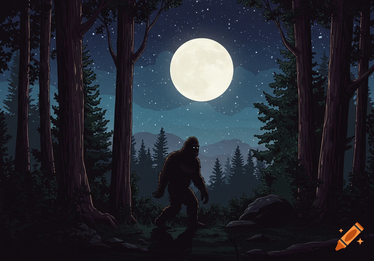 Illustration of Bigfoot walking through a dark forest at night under a full moon