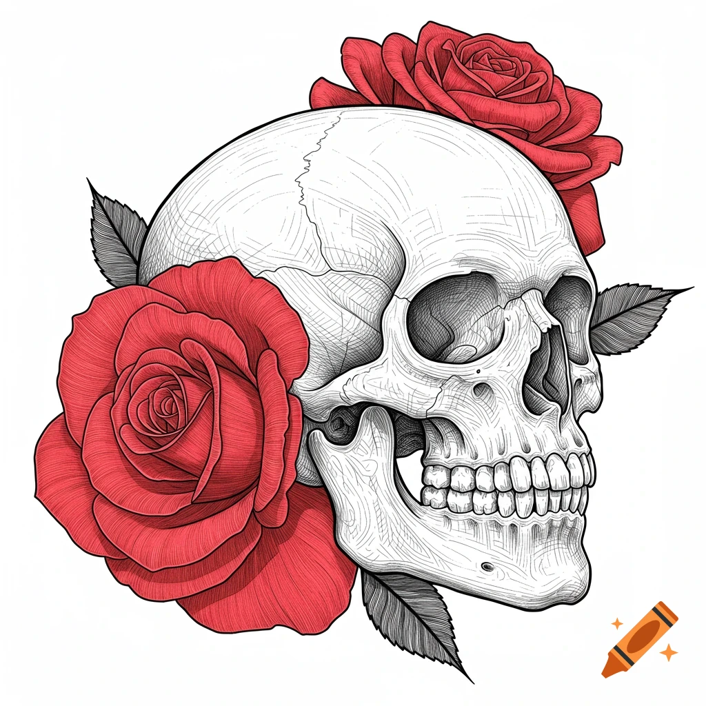 Line art illustration of a skull with red roses