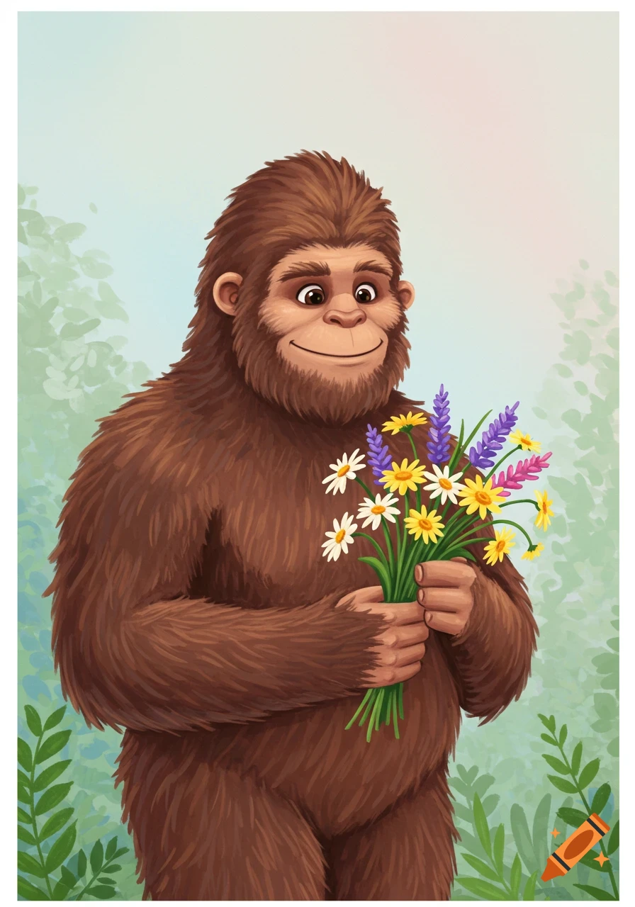 Illustration of a friendly Bigfoot holding a bouquet of flowers