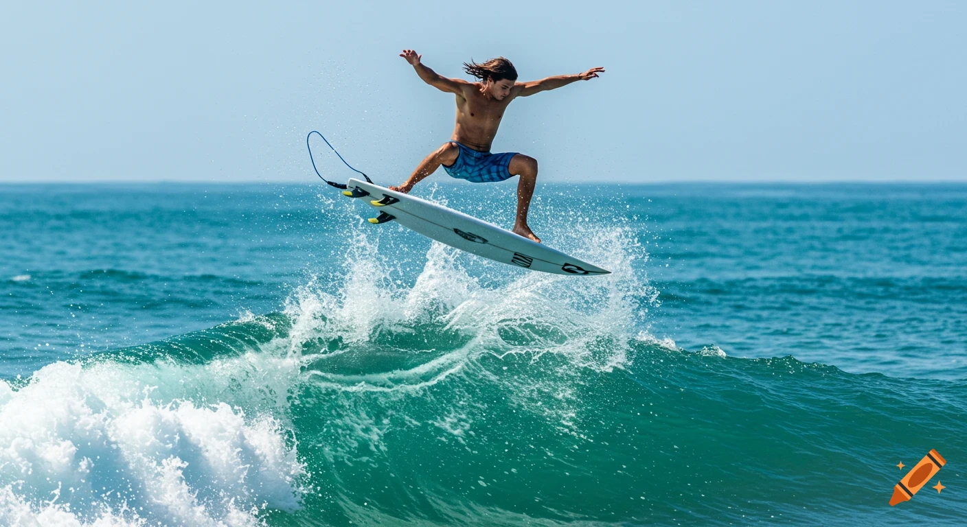 A surfer performs an aerial maneuver on a surfboard over a wave, with water splashing around them. Photorealistic style.
