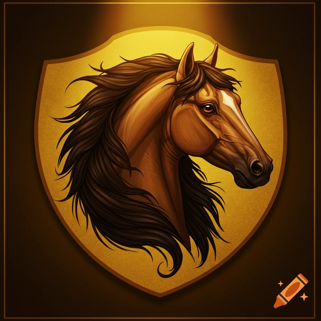 Illustrative profile of a brown horse head with a dark mane on a golden shield emblem.