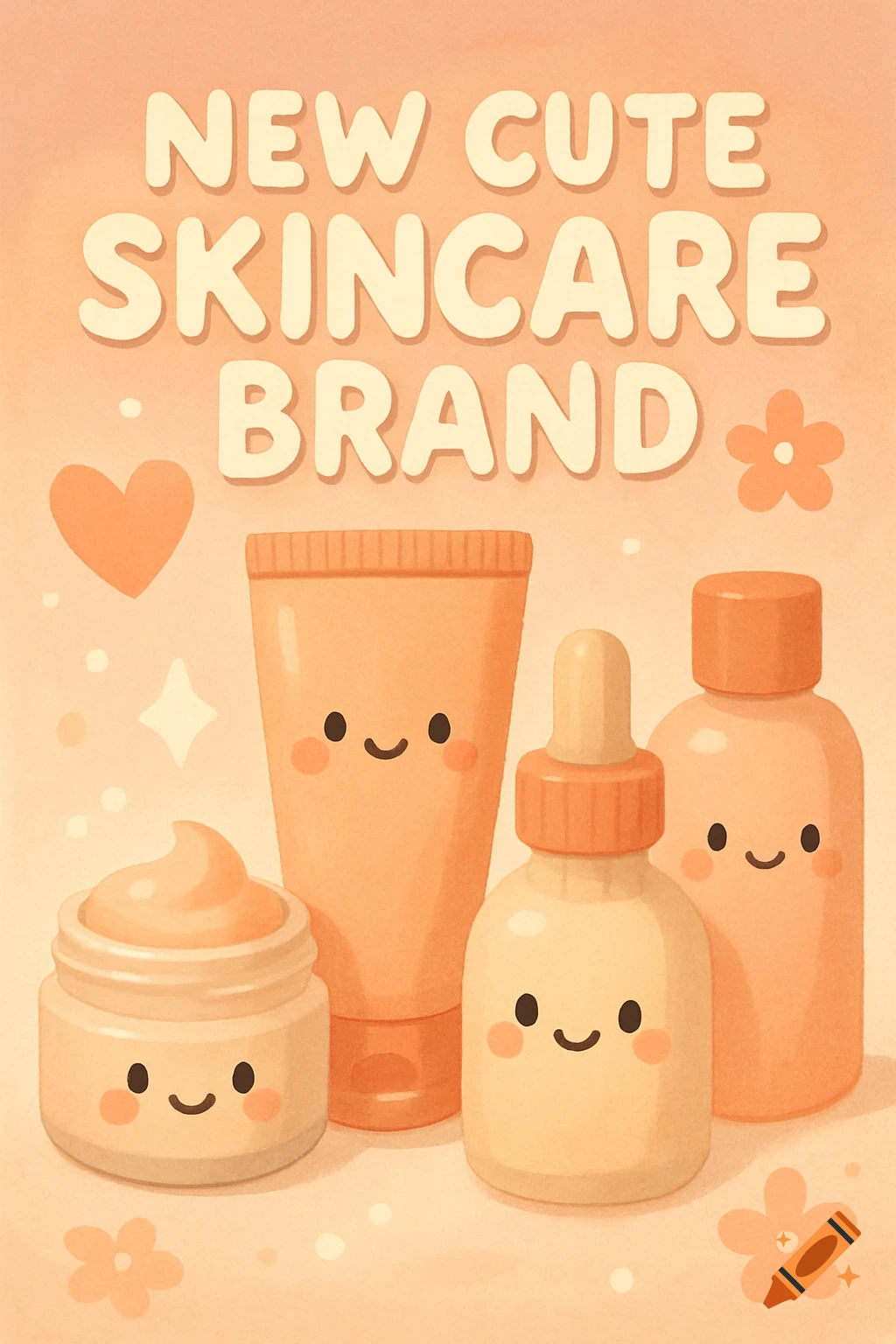 Watercolor illustration of cute skincare products with happy faces and text 'NEW CUTE SKINCARE BRAND'