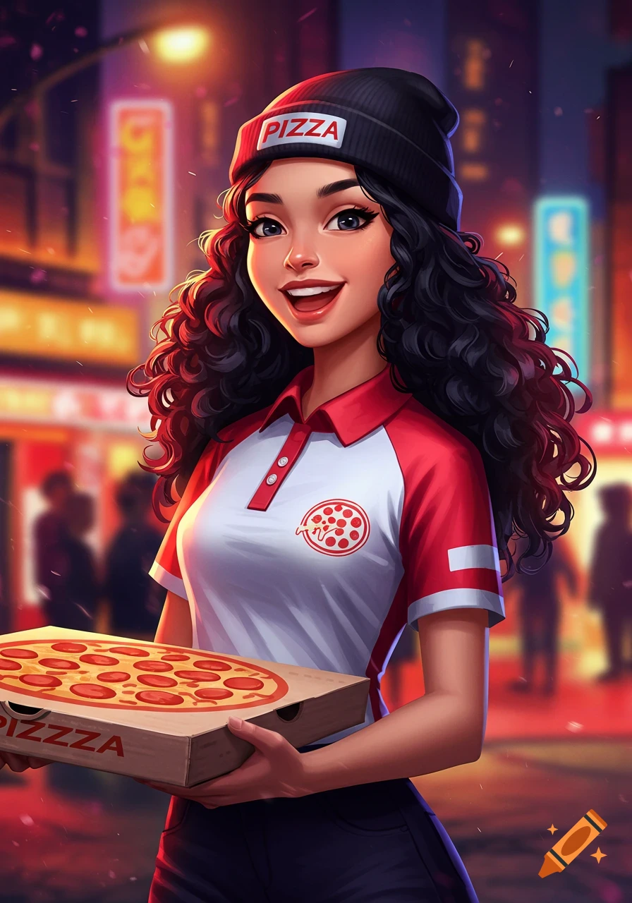 Illustration of a smiling pizza delivery woman holding a pizza box on a city street at night.