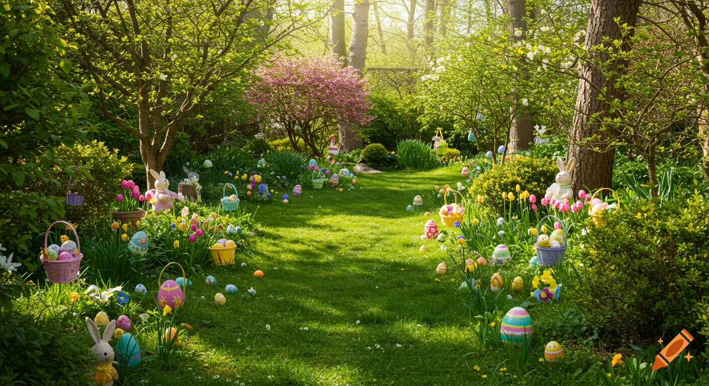 An Easter egg hunt scene in a sunny garden with decorative eggs and rabbits hidden among flowers and baskets.