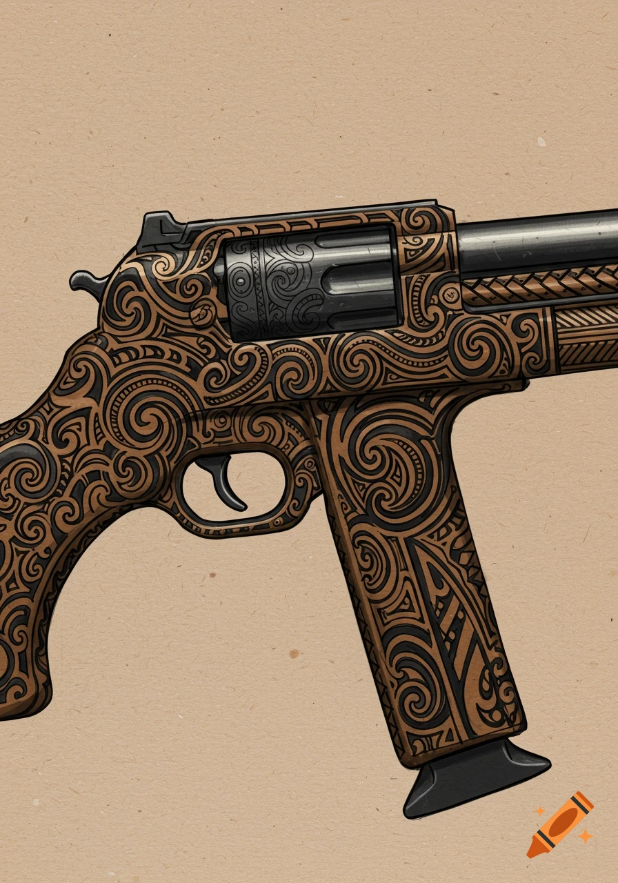 Close up of a firearm with intricate tribal patterns.