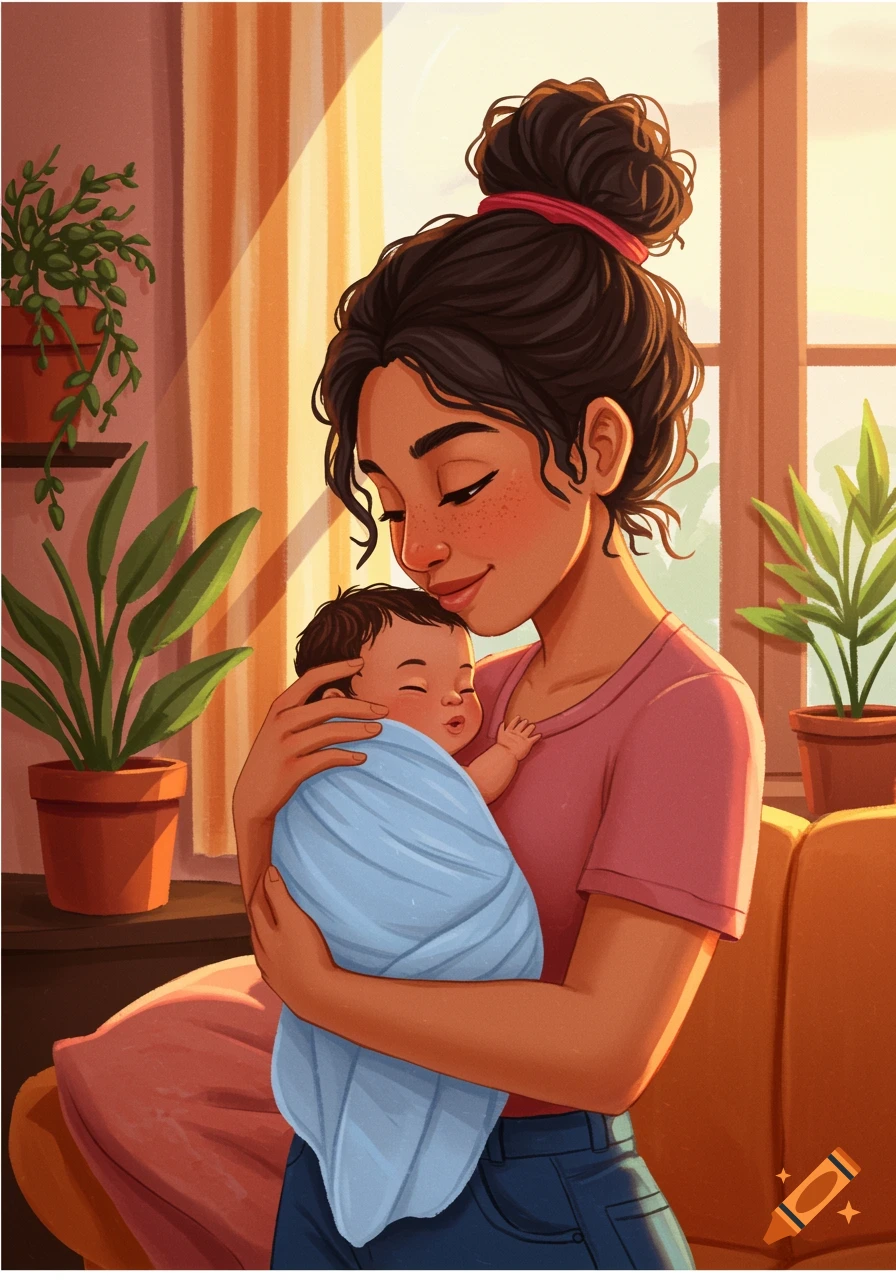 Illustrated mother holding a baby indoors with sunlight