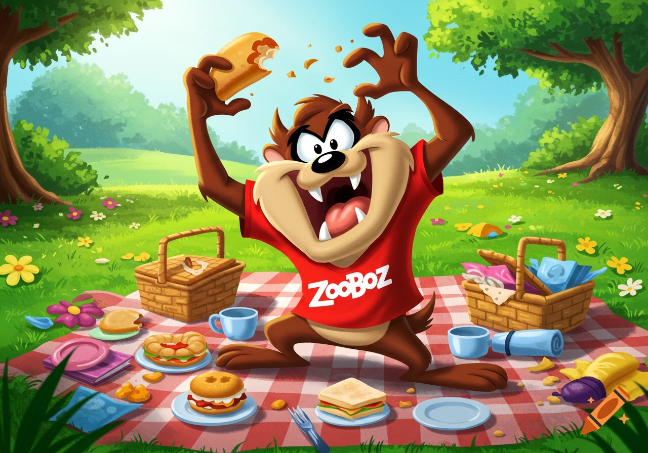 Cartoon of Taz the Tasmanian Devil eating a sandwich at a picnic, wearing a red shirt.