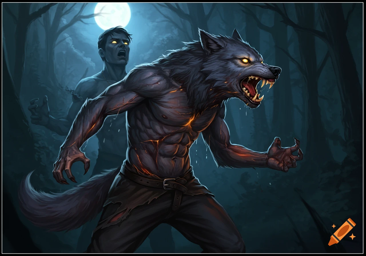 Man transforms into a muscular werewolf in a dark forest under a full moon, digital painting.