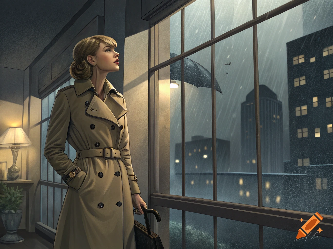 Woman in a trench coat looks out a window at a rainy city night.