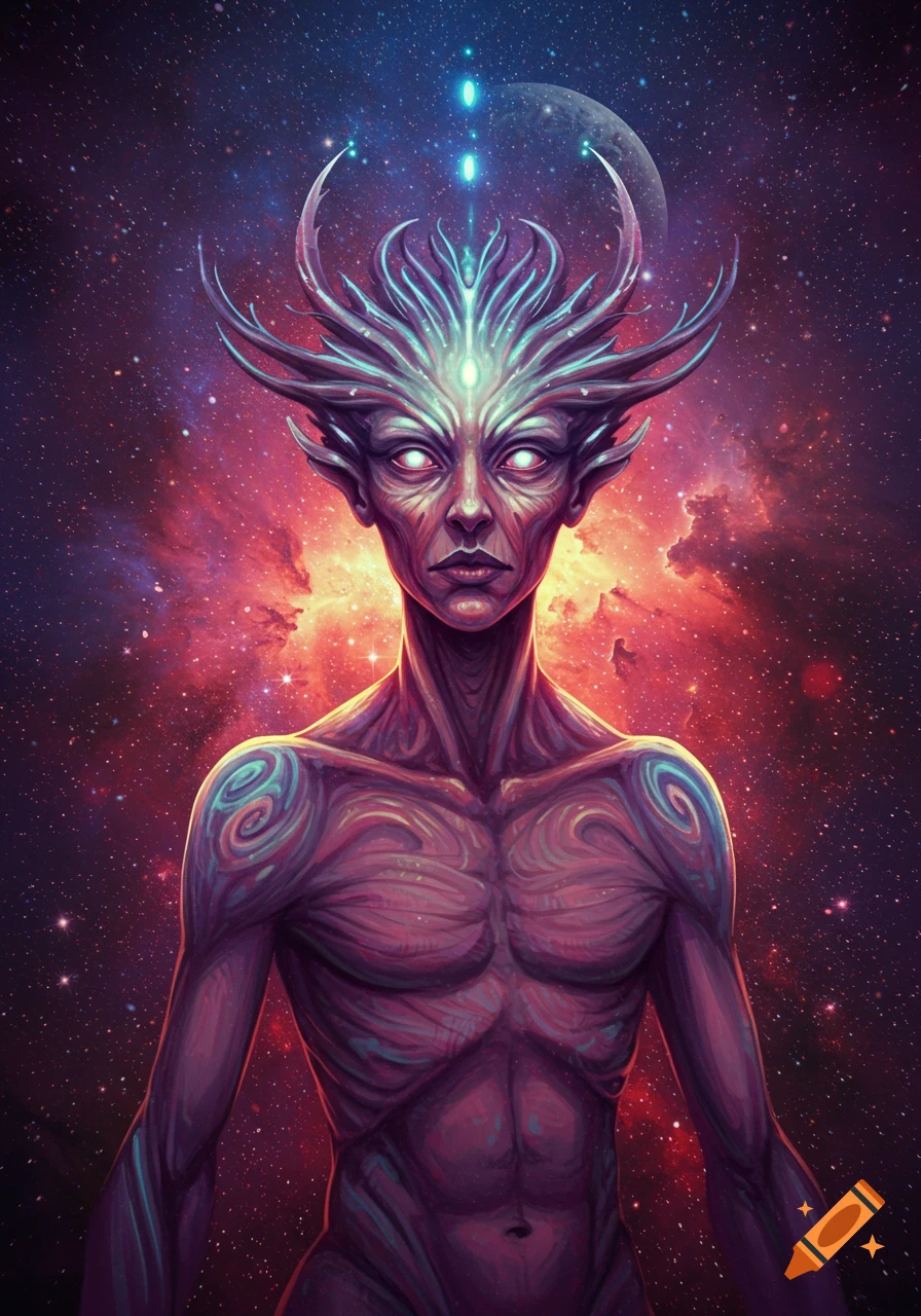 An alien creature with glowing eyes and horns against a cosmic background.
