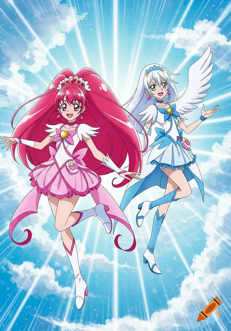 Anime illustration of a pink-haired and white-haired magical girl flying against a bright sky.