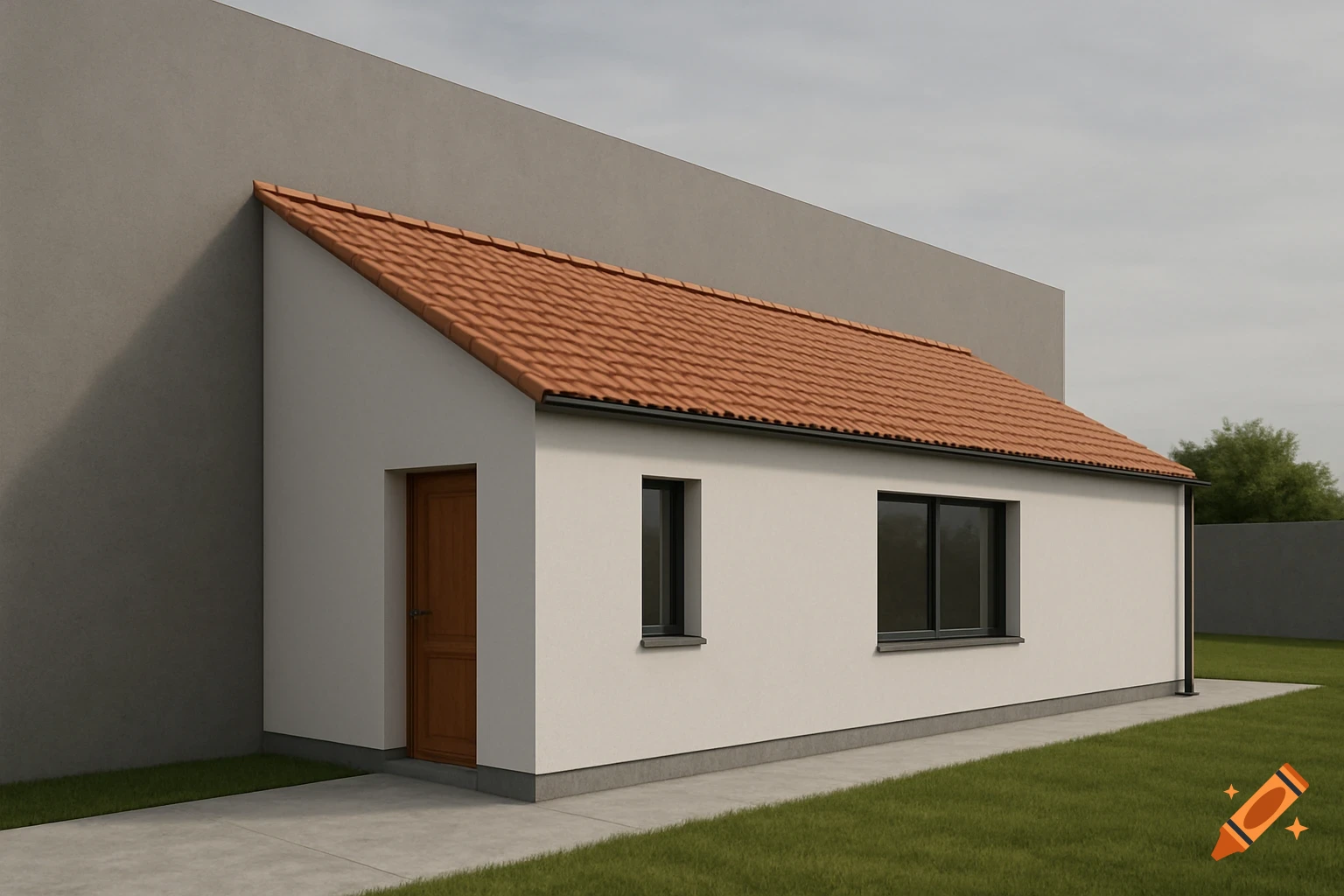 A small white building with a tiled roof is attached to a large grey wall.