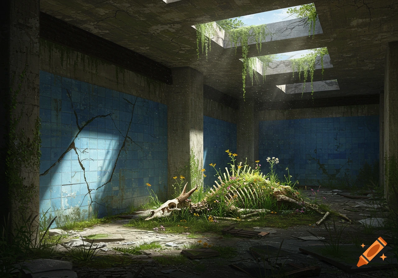 A deer skeleton covered in flowers and grass lies in a decaying concrete room with blue tiles, lit by sunlight from above.