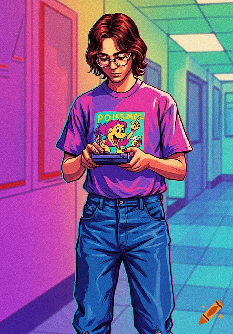 Person with middle part playing a handheld game in a 90s hallway, stylized art.
