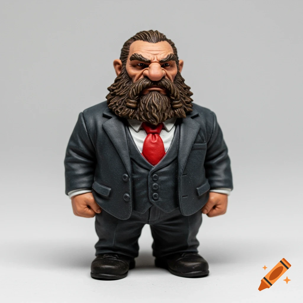 Figurine of a dwarf wearing a suit and red tie