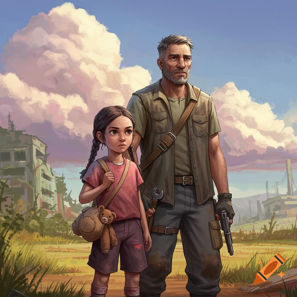 Illustration of a man and a young girl standing in a ruined landscape under a cloudy sky.