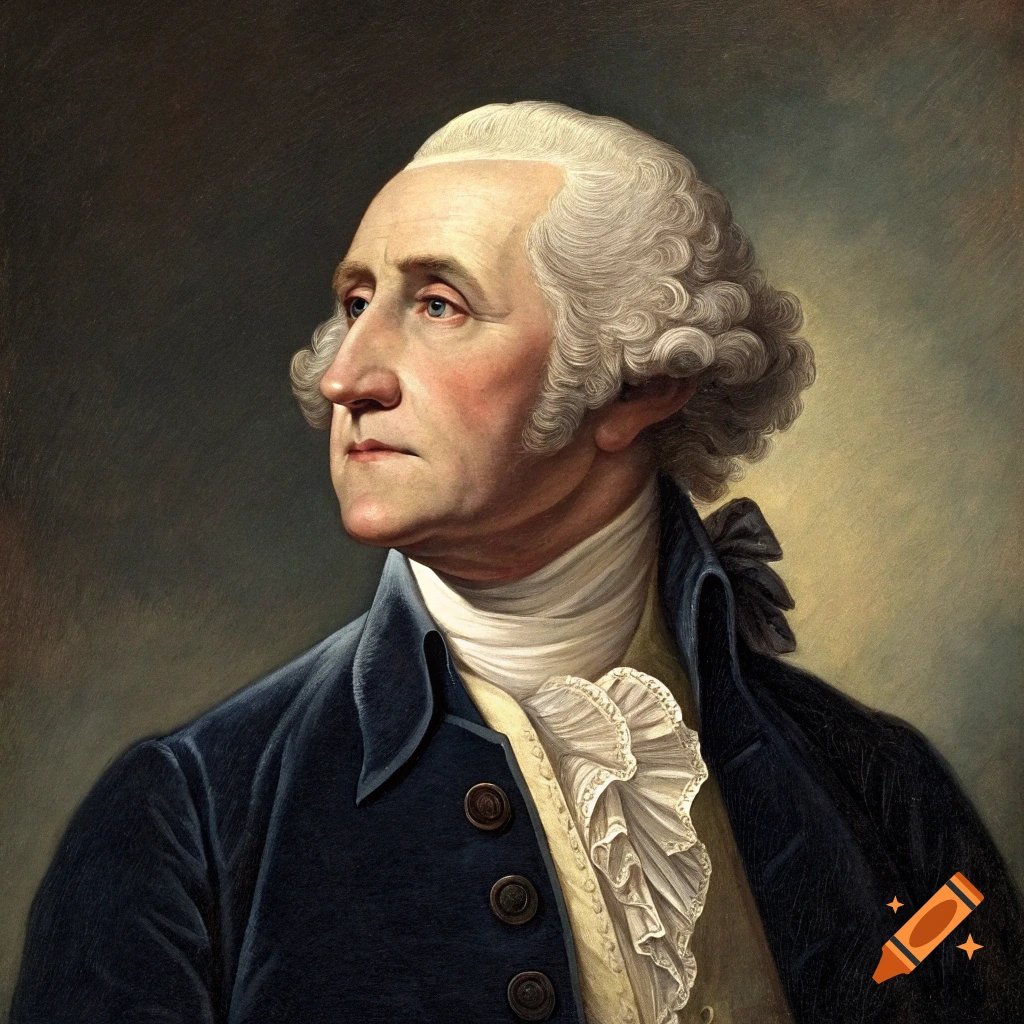 Portrait painting of George Washington in a blue coat and ruffled shirt.