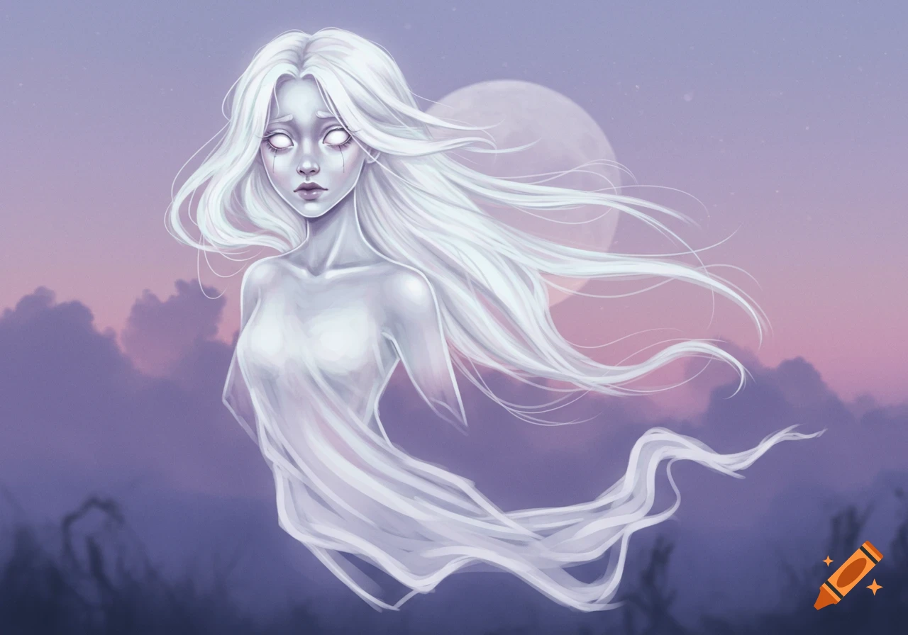 Illustration of a translucent ghost girl with long white hair floating against a sunset sky with a moon.