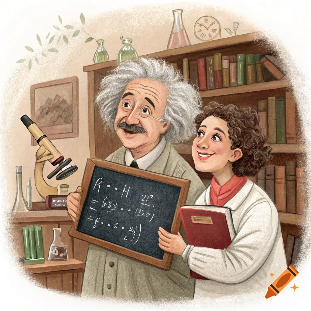 Illustration of Albert Einstein and a young companion holding a chalkboard with formulas and a book in a lab or library.