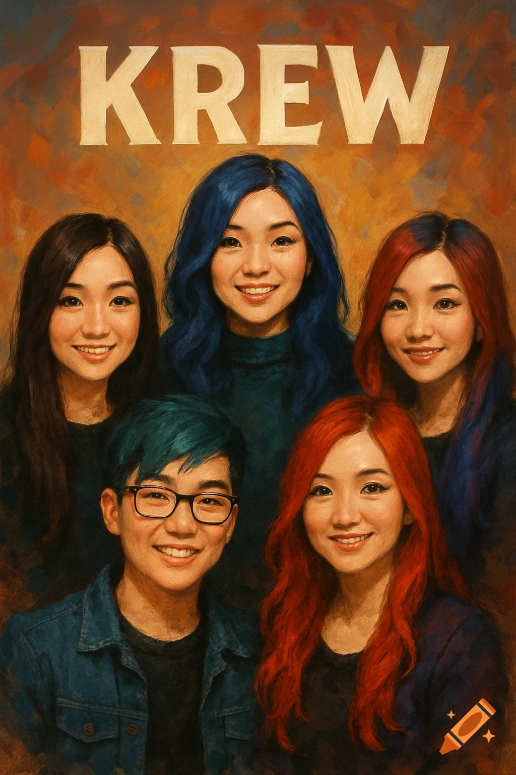 Digital painting of a group of five people with brightly colored hair, smiling, with the word KREW above them.