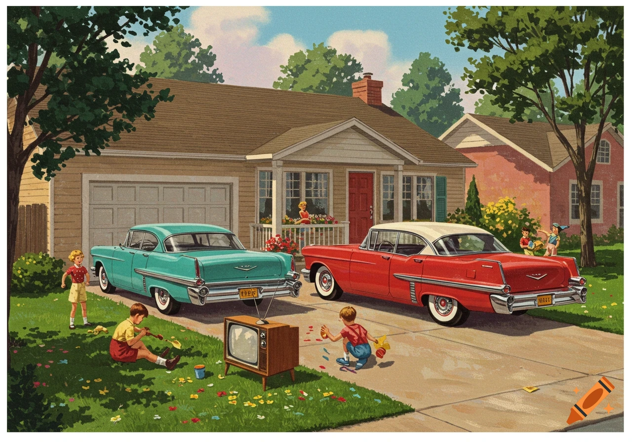 Retro illustration of a suburban house, driveway, cars, kids playing with an old TV on the lawn.