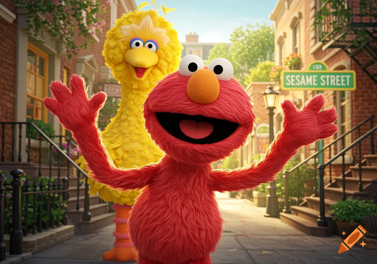 Elmo and Big Bird smiling and waving on Sesame Street.