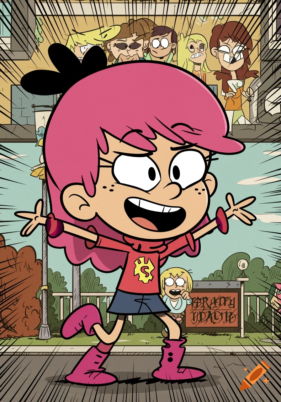 Cartoon girl with pink hair runs forward in The Loud House style