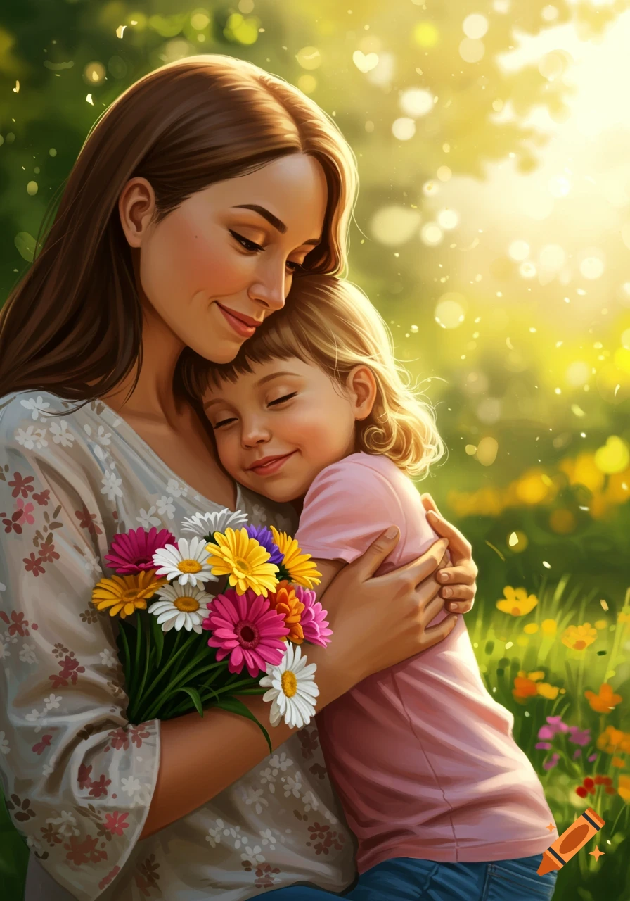 Mother and child hug in a sunny field with a bouquet of flowers.
