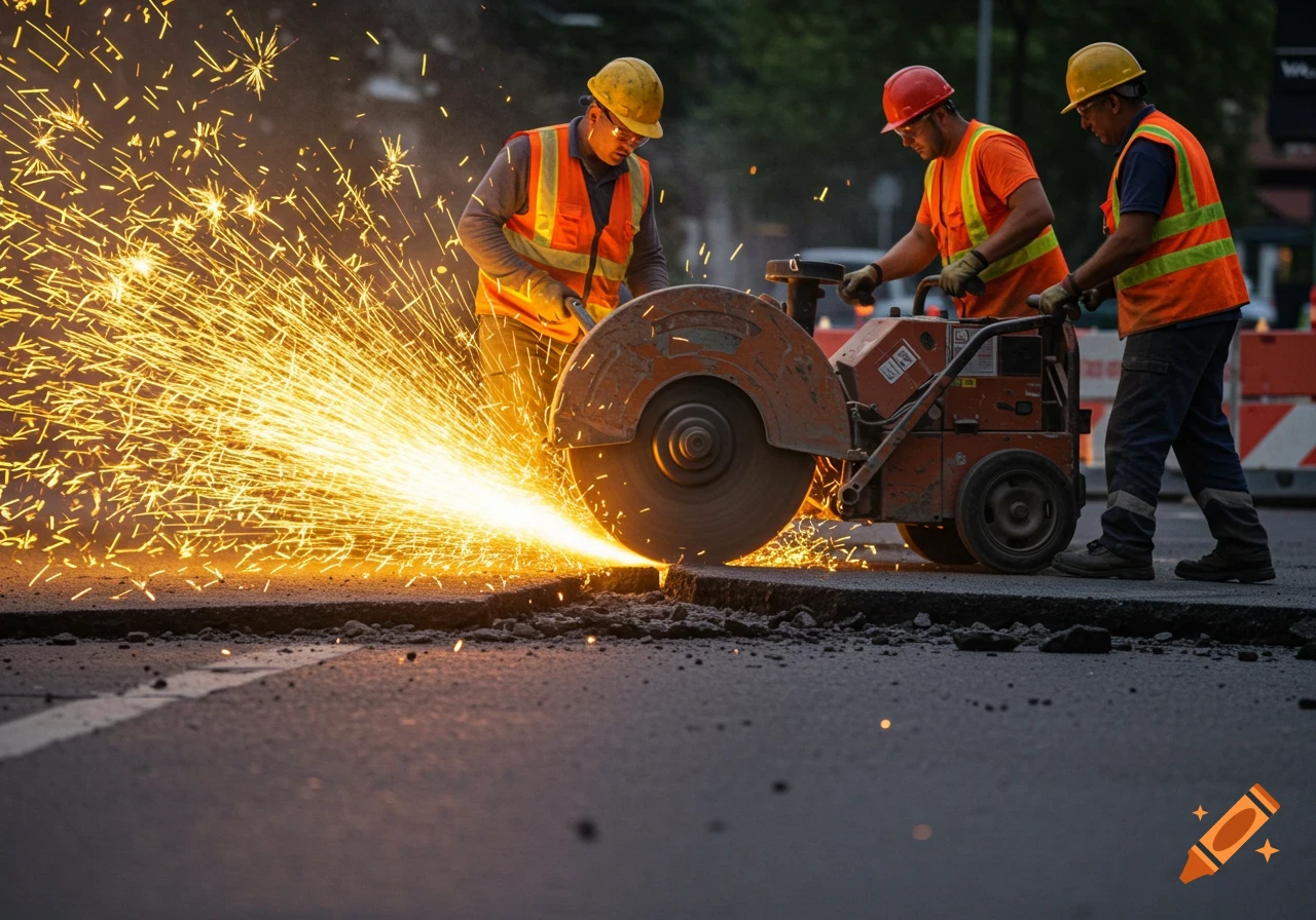 Construction workers use a circular saw to cut asphalt, generating bright sparks.