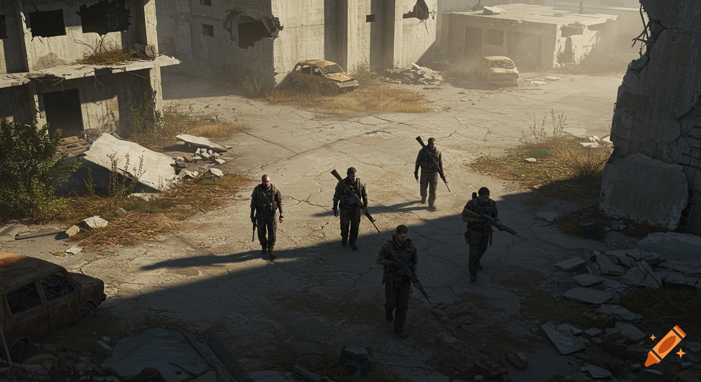 Four men with rifles walk through a ruined city, viewed from above.