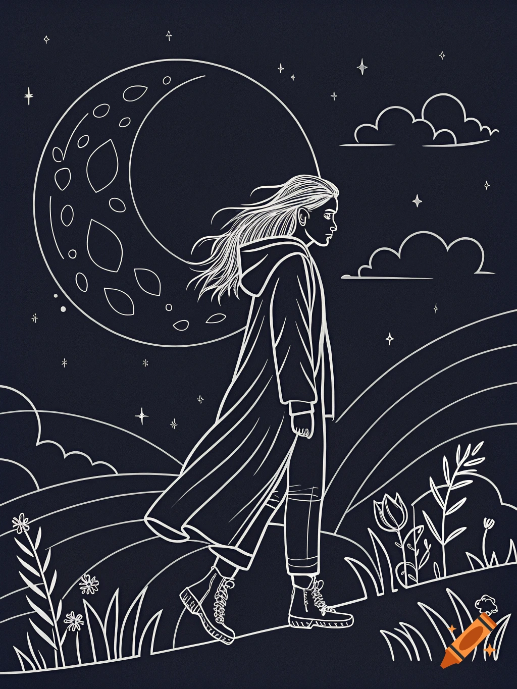 Outline drawing of a person in a long coat walking under a large crescent moon and stars.