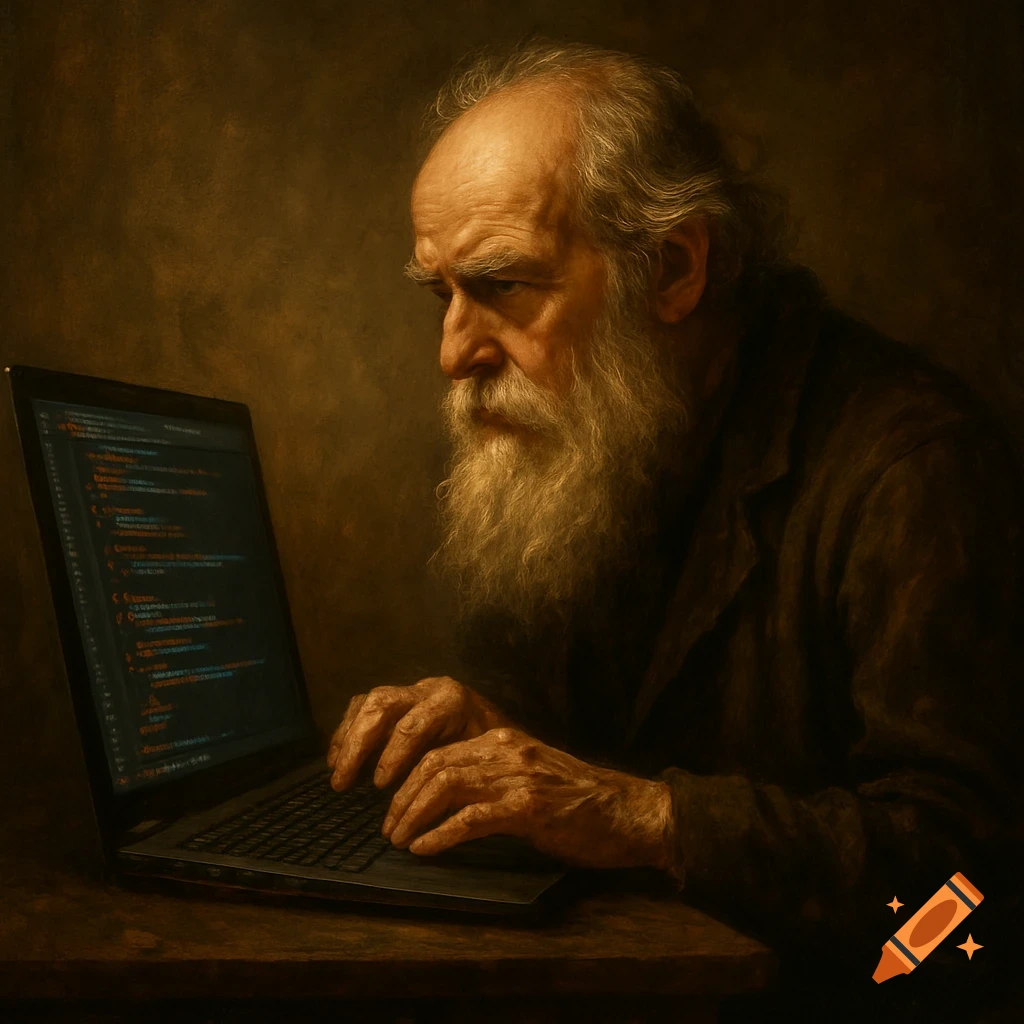 An old man with a long beard types on a laptop, depicted in a classic painting style.