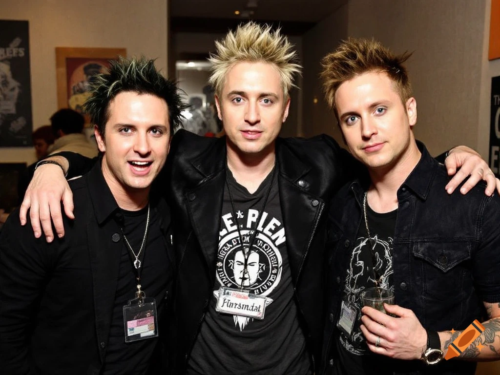 Three men with spiky hair in black clothes pose together.