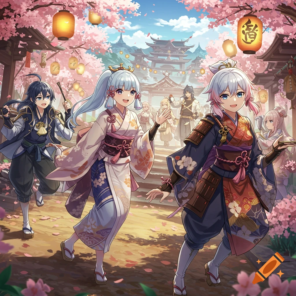 Anime characters at a cherry blossom festival with lanterns, wearing traditional clothing.