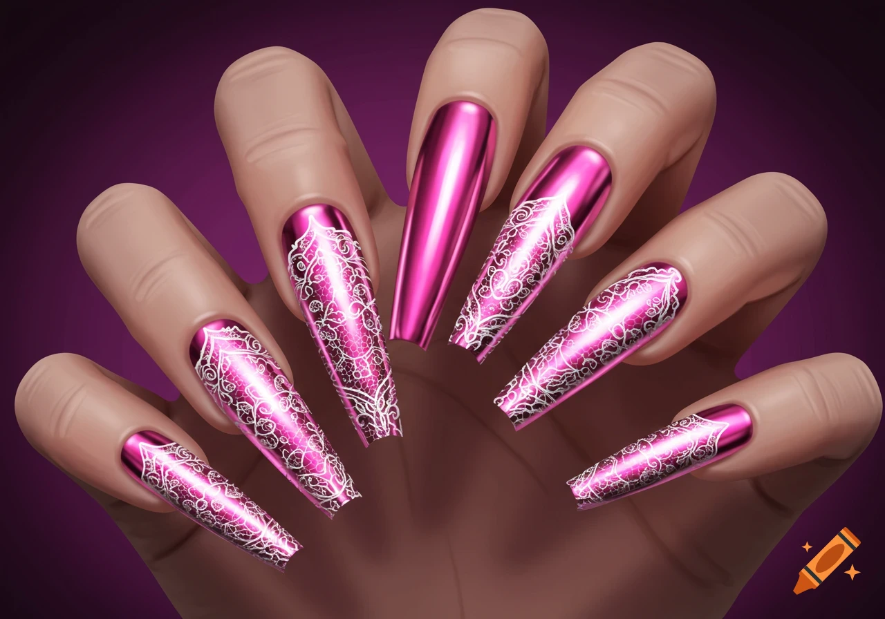 Close-up of a hand with long pink chrome nails and white lace nail art