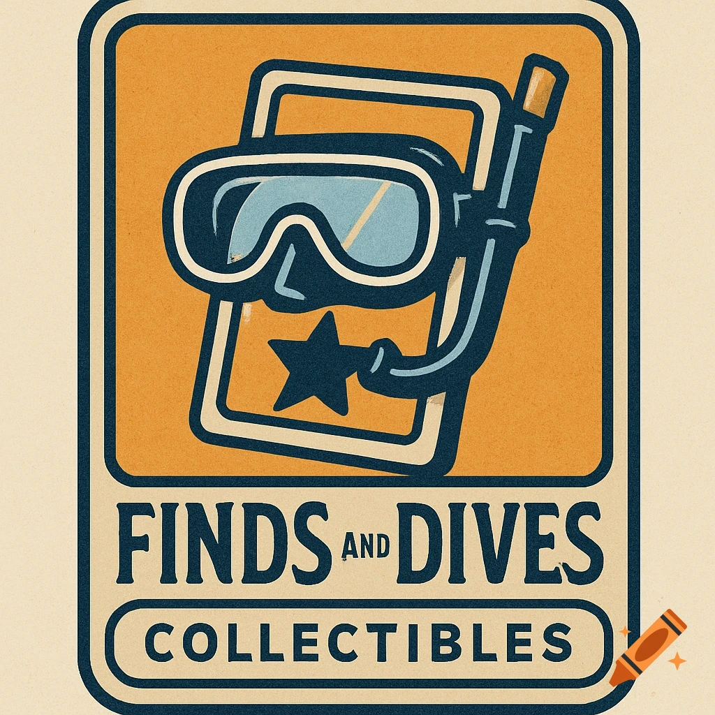 A retro-style logo featuring a diving mask and snorkel over a rectangular shape, with the text "FINDS AND DIVES COLLECTIBLES".