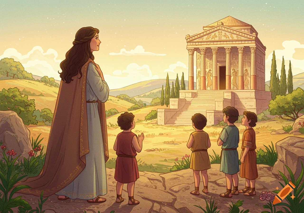 An illustration of a woman and four children looking at an ancient temple