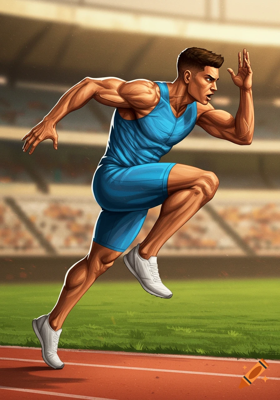 Muscular male athlete running on a track in a stadium.