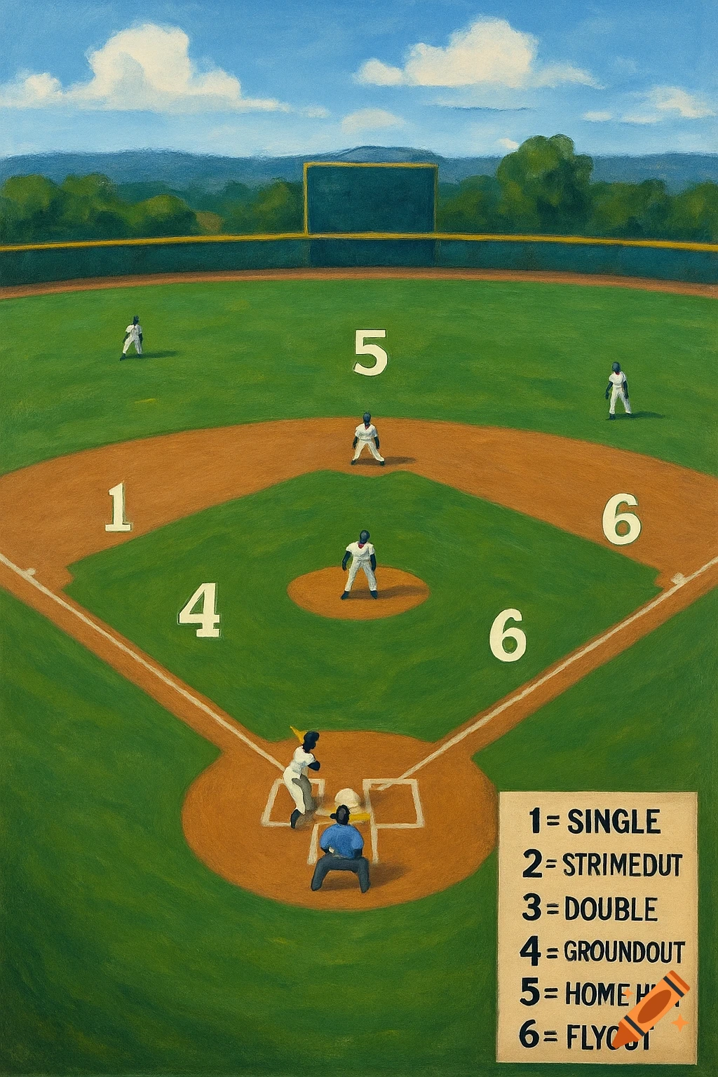 A painting of a baseball field with players, numbers, and a key explaining the numbers.