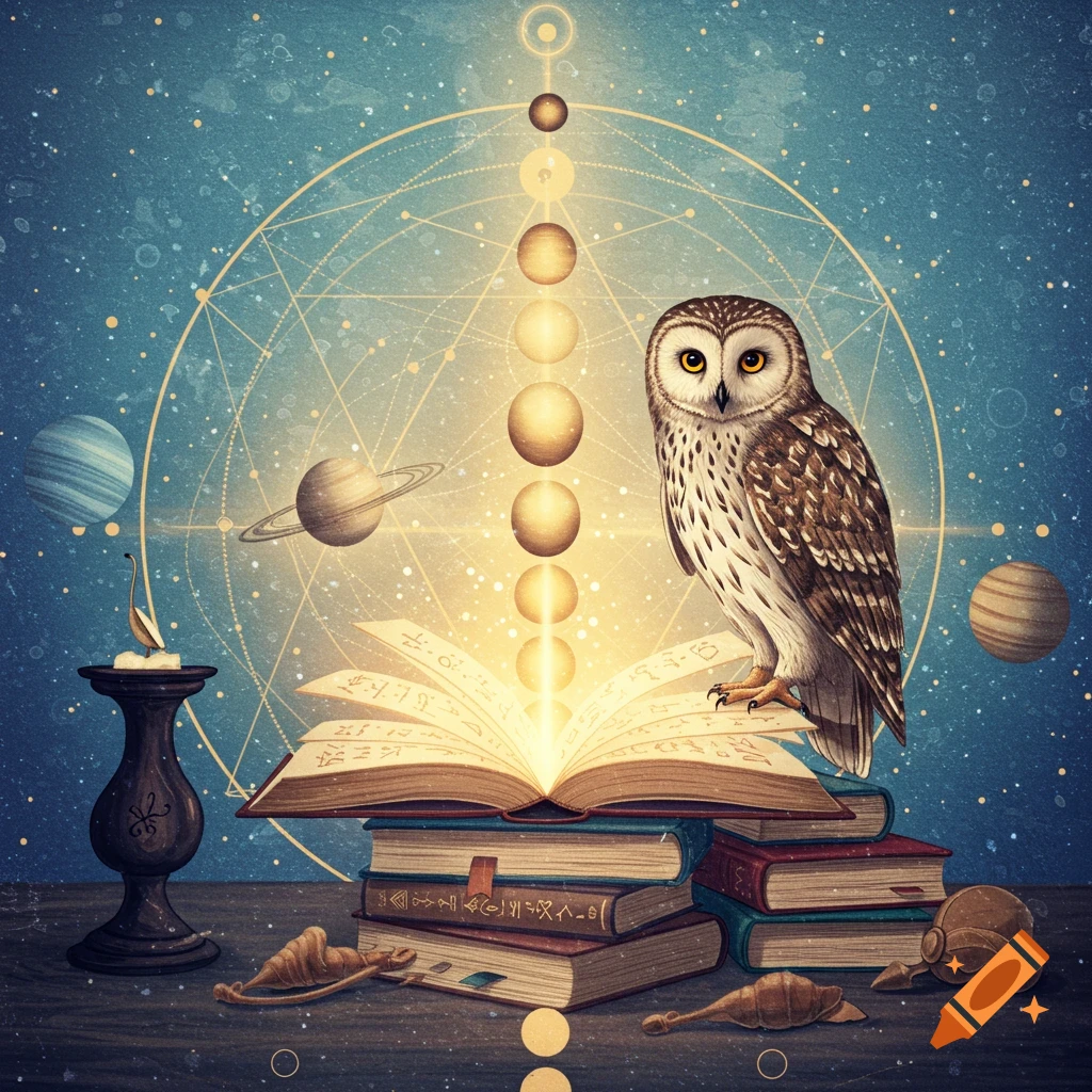 An owl perches on glowing mystical books with planets and geometric symbols.